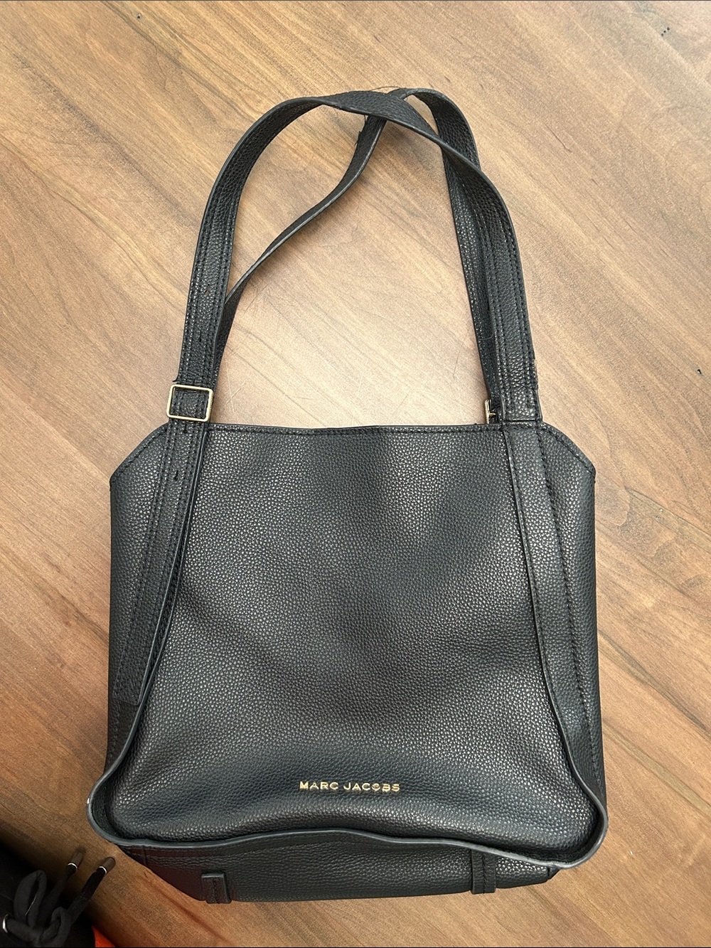 Marc Jacobs Black Pebbled Leather Shoulder Tote with Gold Logo